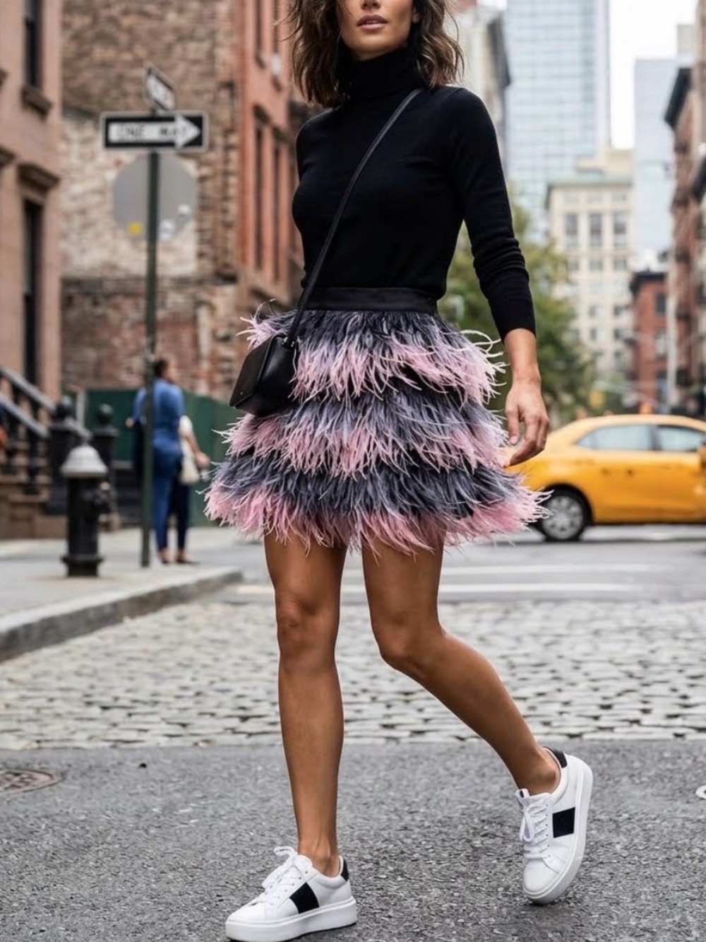 Milly Black and Pink Feathered Tier Mini Skirt